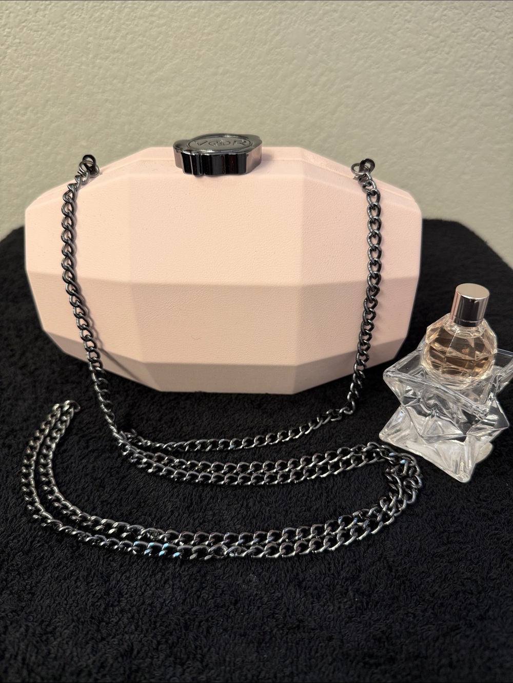 Viktor & Rolf Chic Faceted Pink Evening Clutch with Gunmetal Chain w/ Parfume